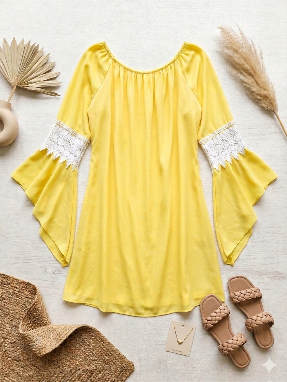 Honeyme Yellow Off-Shoulder Bell Sleeve Boho Dress Crochet Lace Detail Size L